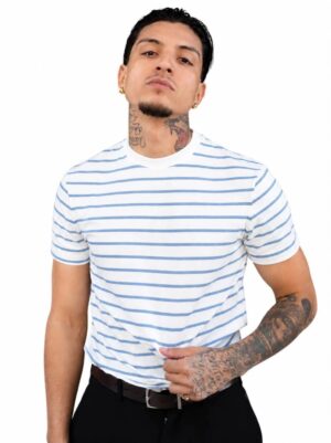 Camiseta Ermek - Slim Fit Listrada Off/azul bebê